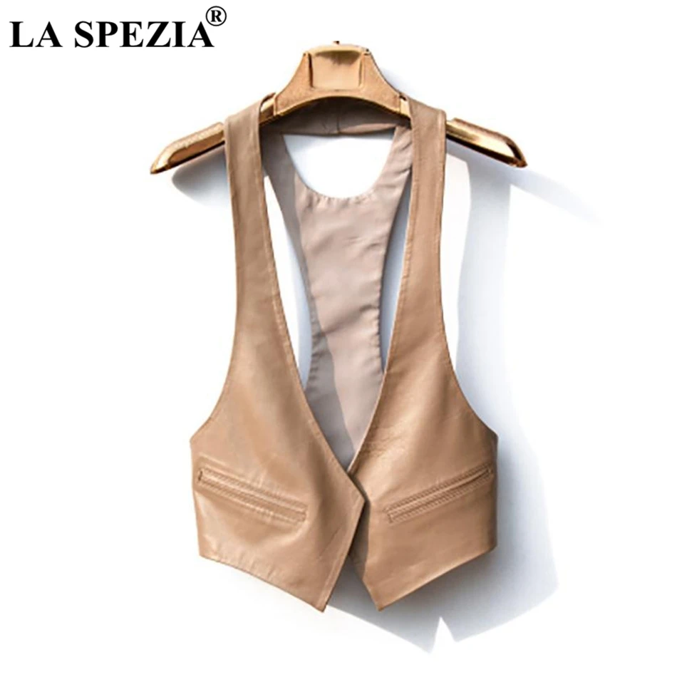 LA SPEZIA Short Vests Woman Leather Slim Red Waistcoat Pockets Ladies Office Real Leather Cardigan Casual Autumn Fashion Vest