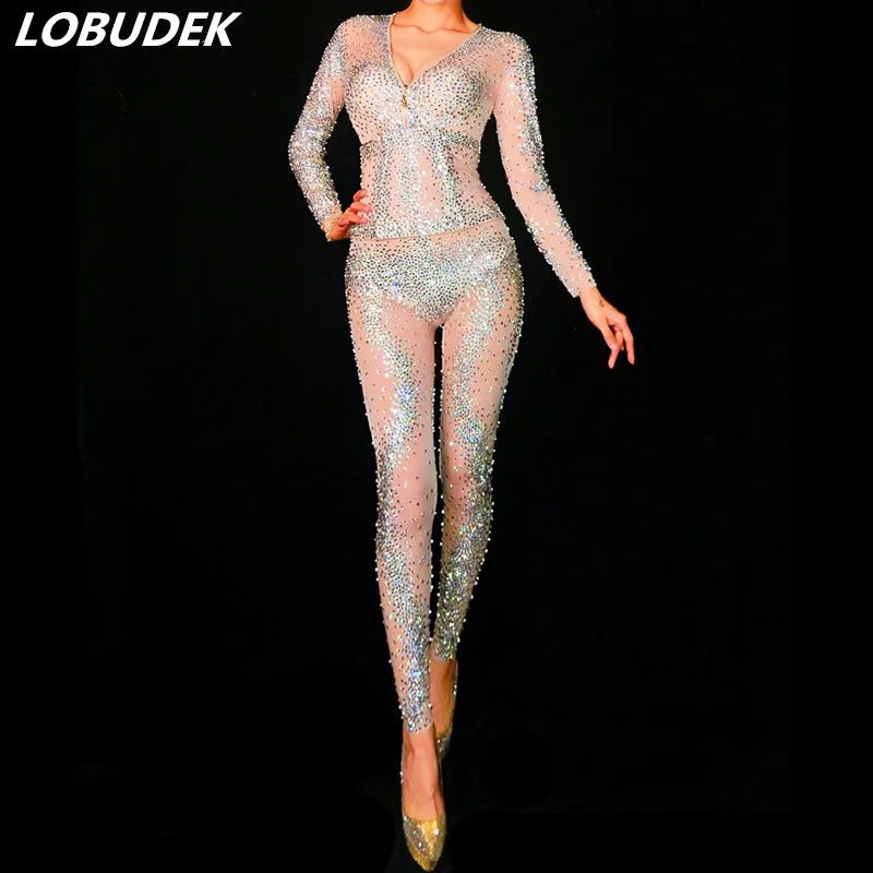 Plein Rhinestones Discothèque Strass Rose Barboteuses Tenue Haute Sexy Danse Salopette white Rhinestones Dj Costume Femmes Rhinestones pink Hôte fin Scène Bleu Chanteur Perspective Blue De q0CCYBw
