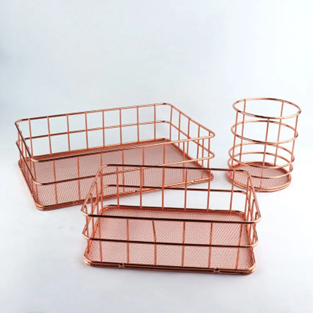 

Creative Nordic Rose Gold Metal Iron Storage Basket Simplicity Style High Quality Combination Holder Cosmetic Organizer Desktop