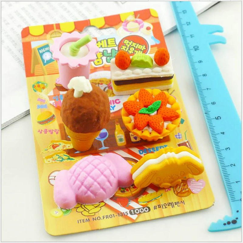 5 6pcs/plate Creative Cartoon Style Set Eraser Card Fitted Rubber Prizes For Primary School