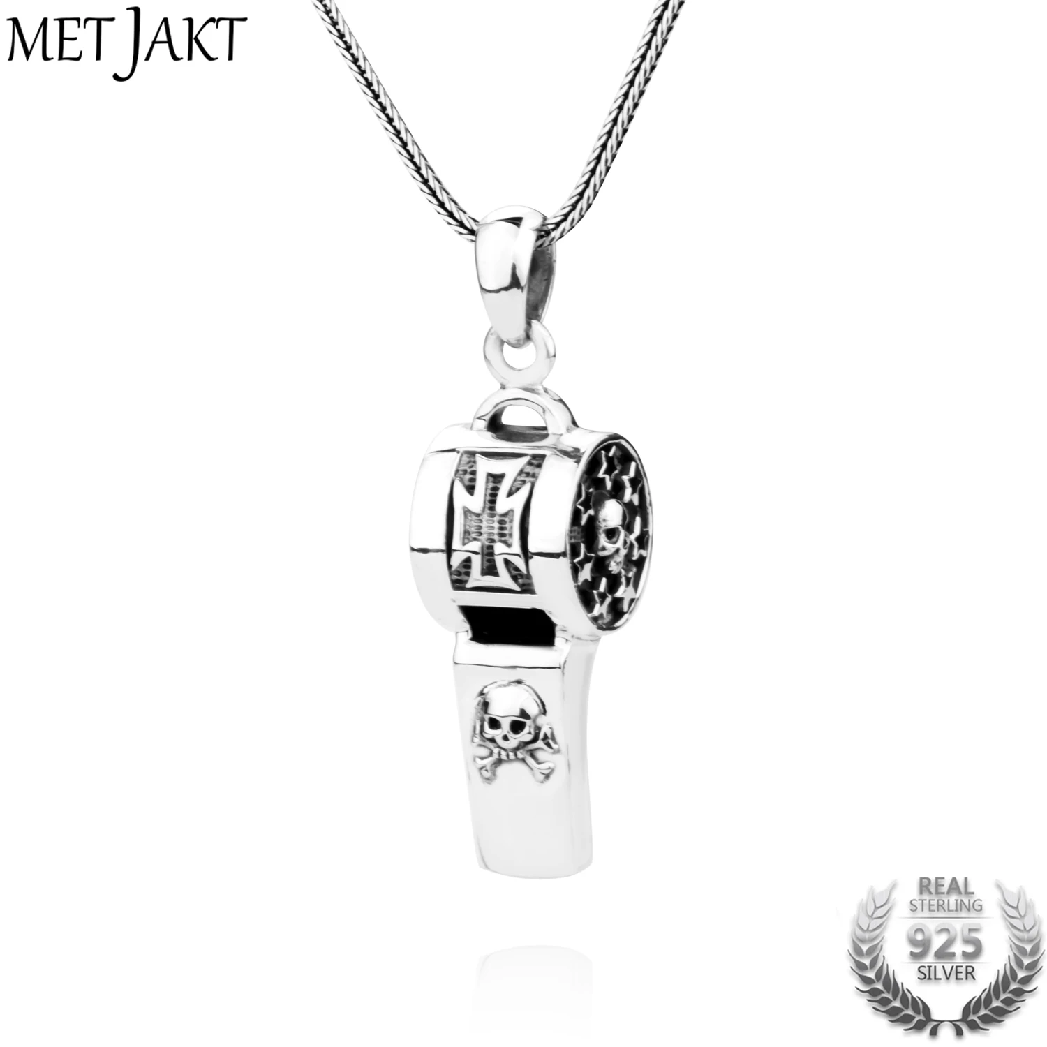 

MetJakt Punk 925 Sterling Silver Blowable Whistle Pendant & Hand Carved Star Skull and Cross 925 Snake Chain 16-32 Inches