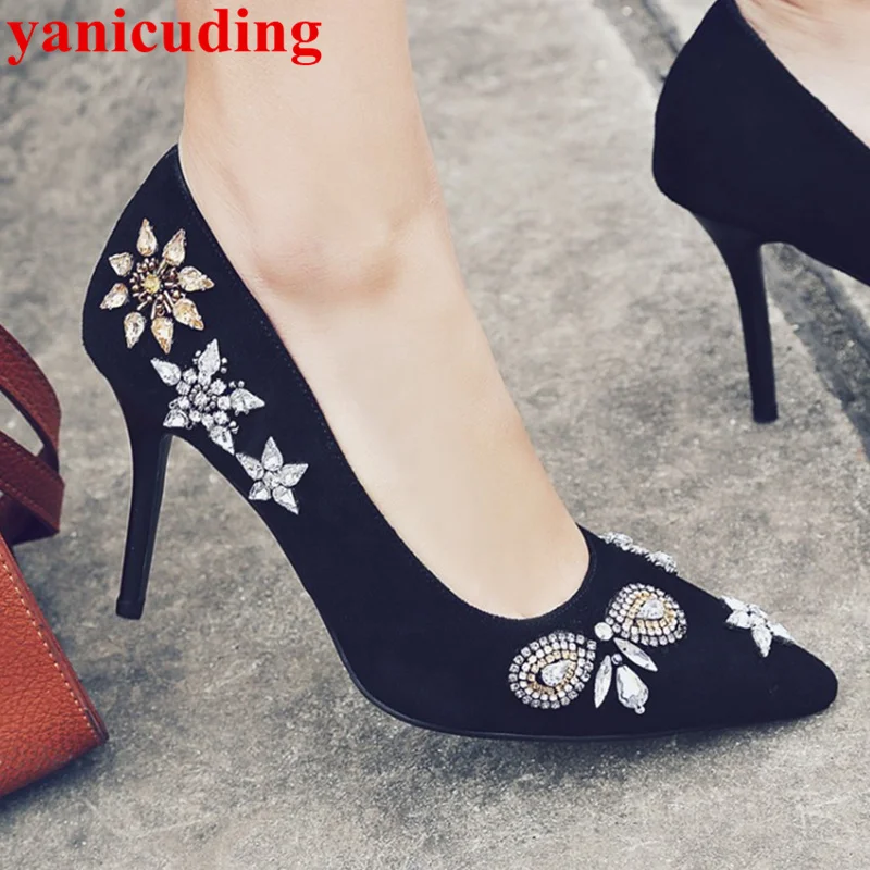 

Pointed Toe Star Pattern Women Pumps Crystal Embellished High Heel Shallow Runway Star Brand Dress Stiletto Chaussures Femmes