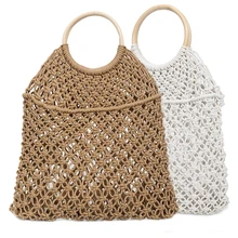 Fashion Women Beach Bag Straw Handmade Rattan Circle Hollow Out Bag Fishing Net Portable Holiday Summer Bag Casual Vacation Bags