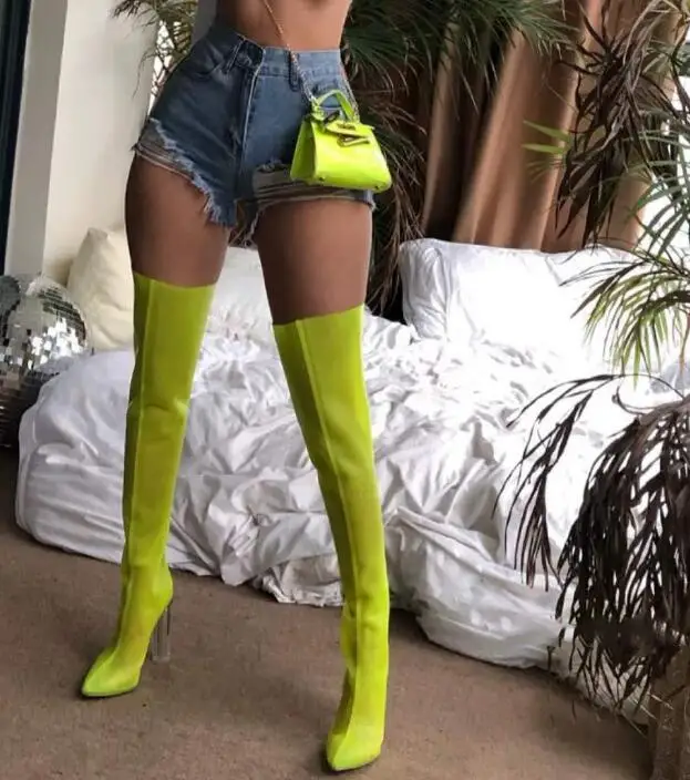 

2019 Summer Thick Heels Over the Knee Boots Sexy Mesh Grid Transparent Heels Thigh High Boots Woman Sexy Sandal Boots