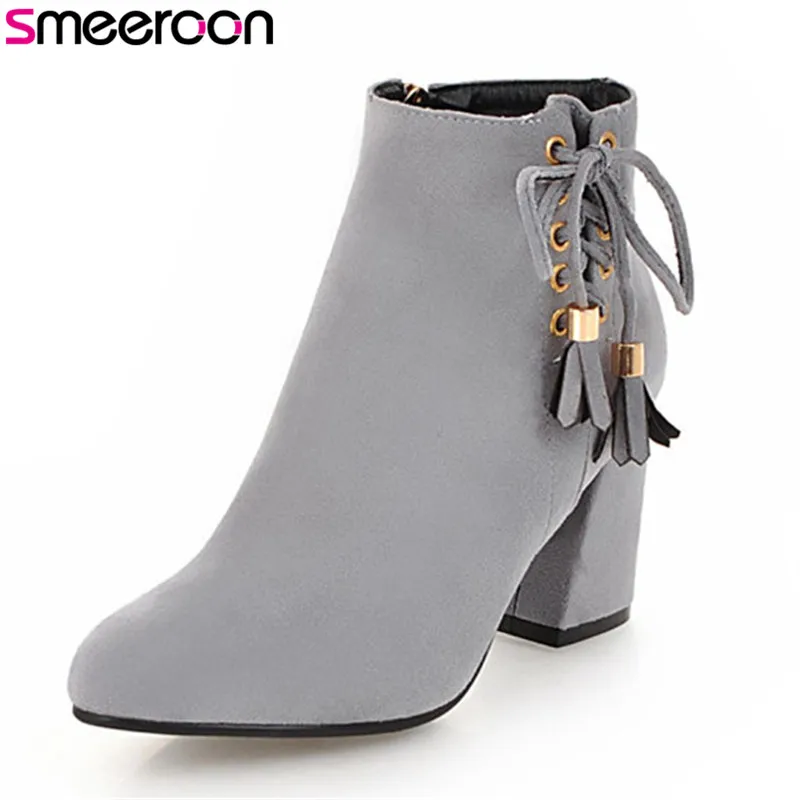 

Smeeroon 2018 fashion style spring autumn boots women pointed toe high heels ankle boots high quality flock boots black