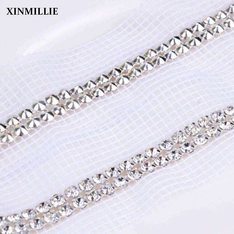 

Free ship,double rows SS19 rhinestone sew on mesh trimming,5yards/lot,crystal rhinestone banding for diy,white fabric chain