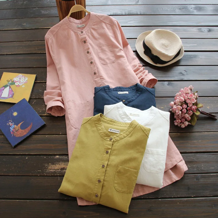 

9941 new Big Size spring blouse women Japan Style Loose Stand Collar pocket Long Sleeve Solid Cotton linen Blouse Dress
