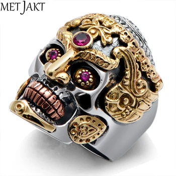 

MetJakt Punk Rock Domineering Skull Rings Set In Red Corundum Solid 925 Sterling Silver Ring for Men Vintage Thai Silver Jewelry