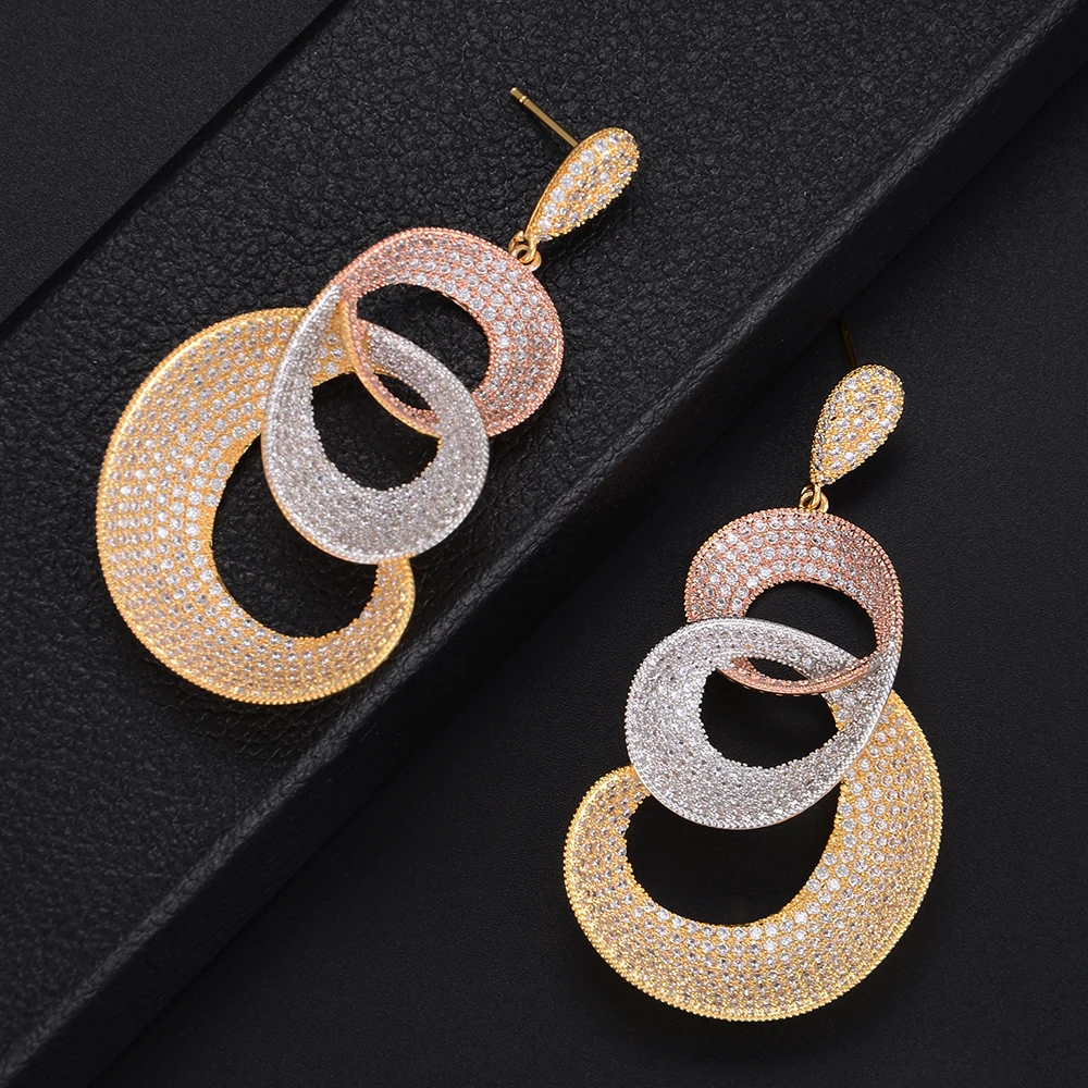 

GODKI 64MM Luxury Twist 3 Tone Color Full Micro Cubic Zirconia Pave Women Bridal Engagement Earring Jewelry Addiction