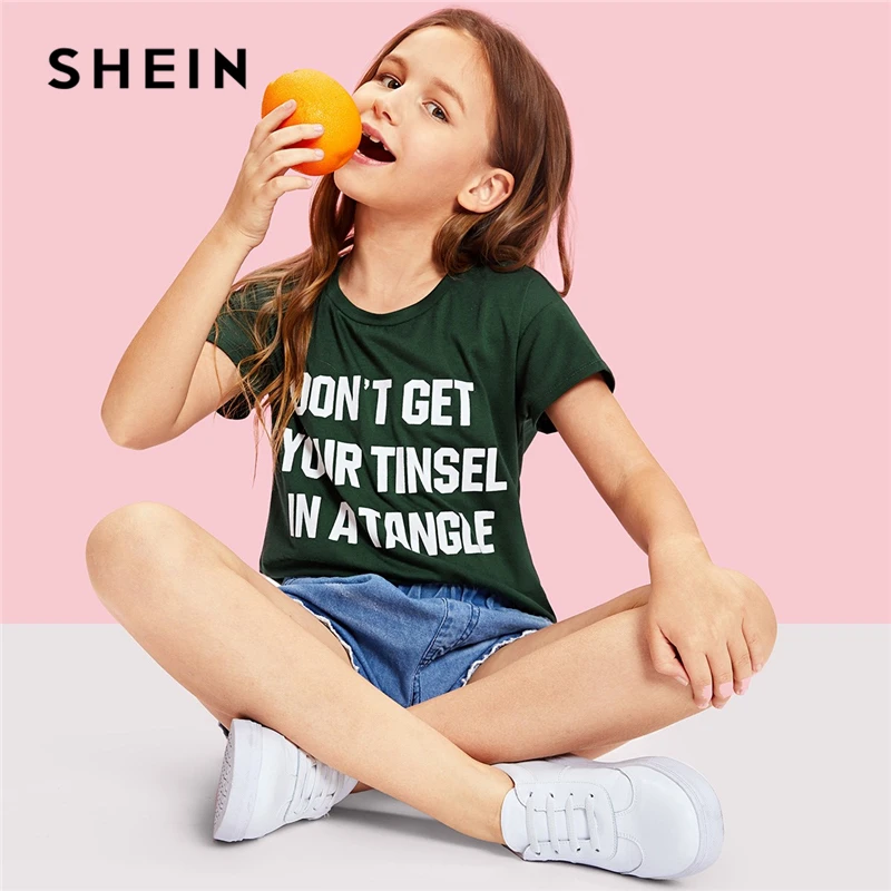 

SHEIN Kiddie Green Letter Print Casual Girls T-Shirt Family Matching Clothes 2019 Summer Streetwear Short Sleeve Teenager Tees