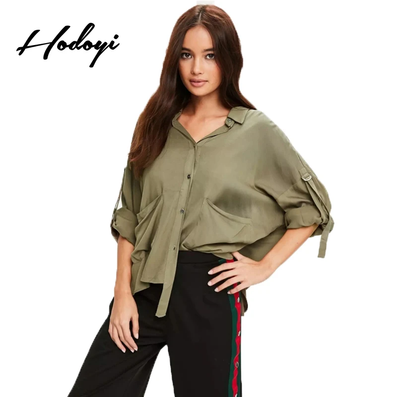 Hodoyi Women Khaki Casual Shirts Pocket Lace Up Buttons Female Vintage