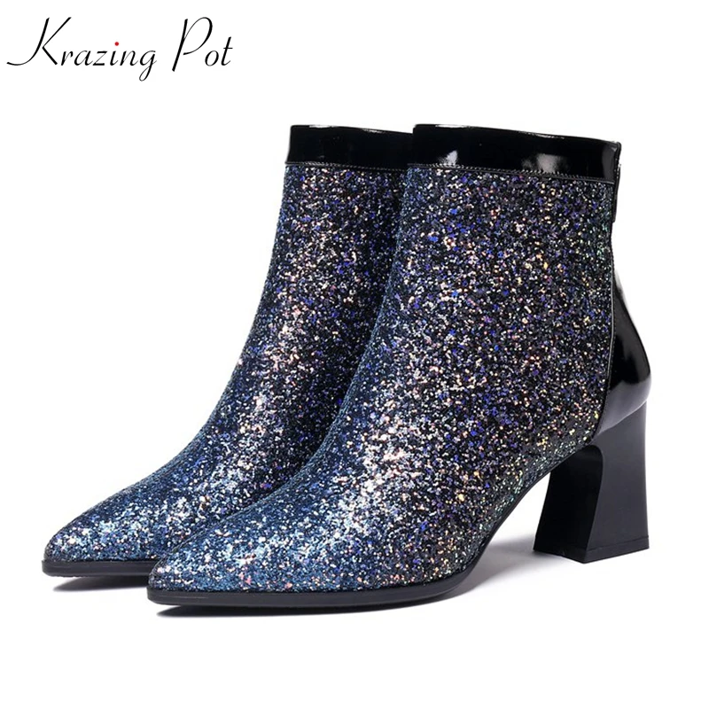 

Krazing Pot 2018 gradient blue color ankle boots handmade bling high heel Korean girl pointed to fashion career ankle boots L1f7