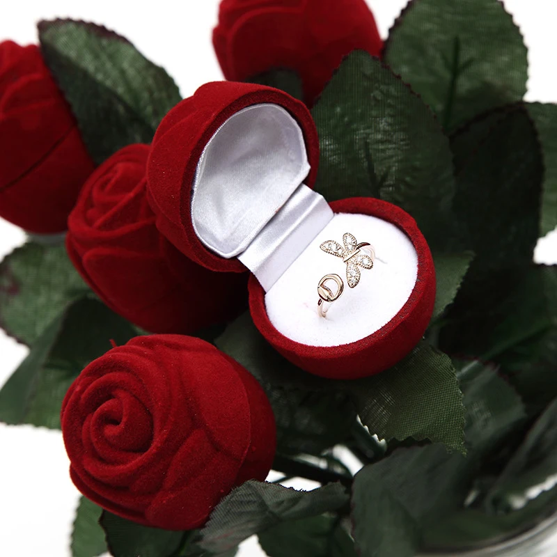 

1pc Romantic Rose Ring Box Flower Flocking Holder Velvet Wedding Propose Engagement Valentine Day Gift Box Packing Jewelry Case