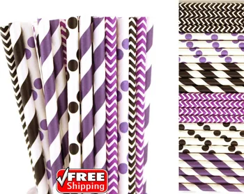 

150pcs Mixed 6 Designs Black and Purple Themed Paper Straws-Stripe,Chevron,Polka Dot Wedding Birthday Party Colored Drinking