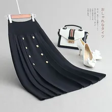 Женские Элегантные средней длины на пуговицах, украшенные осенне-зимние вязаные юбки с высокой талией, плиссированные тянущиеся юбки