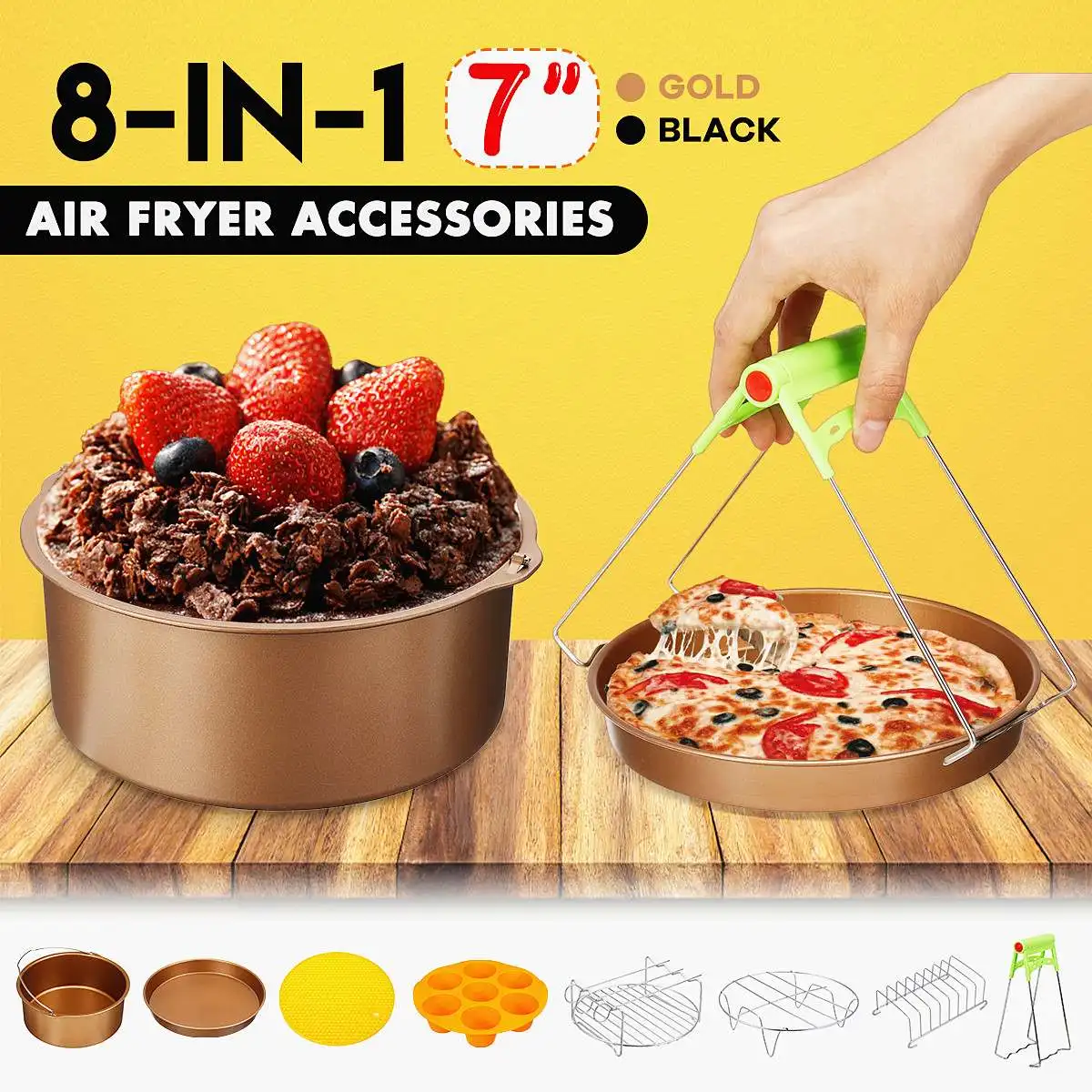 

High Quality 8Pcs 7 Inch Gold Air Fryer Accessories Set Round Pizza Baking Pan Silicone Mat Fit For Standard 3.2-6.8QT Air Fryer