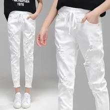 Новинка, летние белые рваные джинсы, женские штаны-шаровары с эластичным поясом на шнуровке, Pantalon Femme, джинсовые черные Стрейчевые джинсы для женщин, C4325