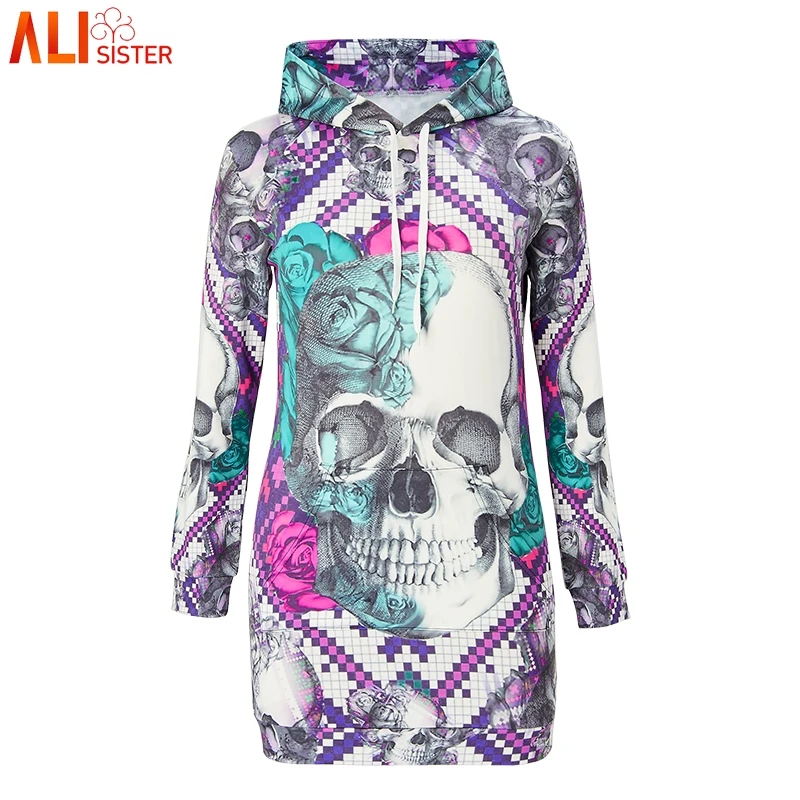 

Alisister Autumn Winter Hoodie Dress 3d Skull Floral Bodycon Mini Dresses Long Sleeve Women Sweatshirt Pullover Vestidos Jurken