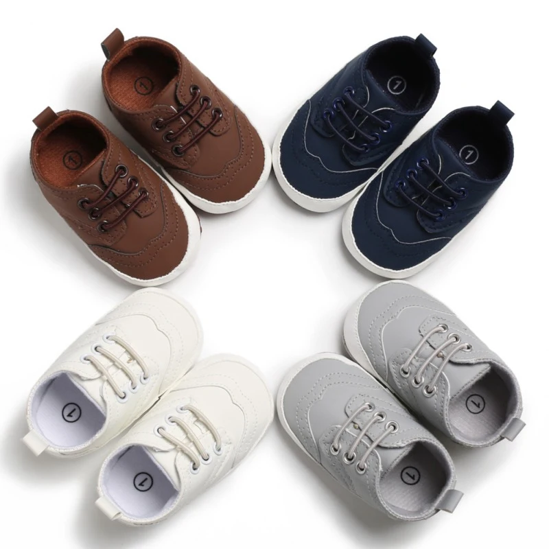  2019 Baby Boys Classic Shoes PU Leather Lace-Up Prewalkers Soft Anti-slip Sports Sneakers Casual Fl