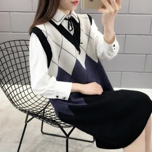 Новинка, повседневный женский жилет с v-образным вырезом, весенний клетчатый вязаный пуловер без рукавов, Женский Осенний Длинный жилет, темно-синий/черный