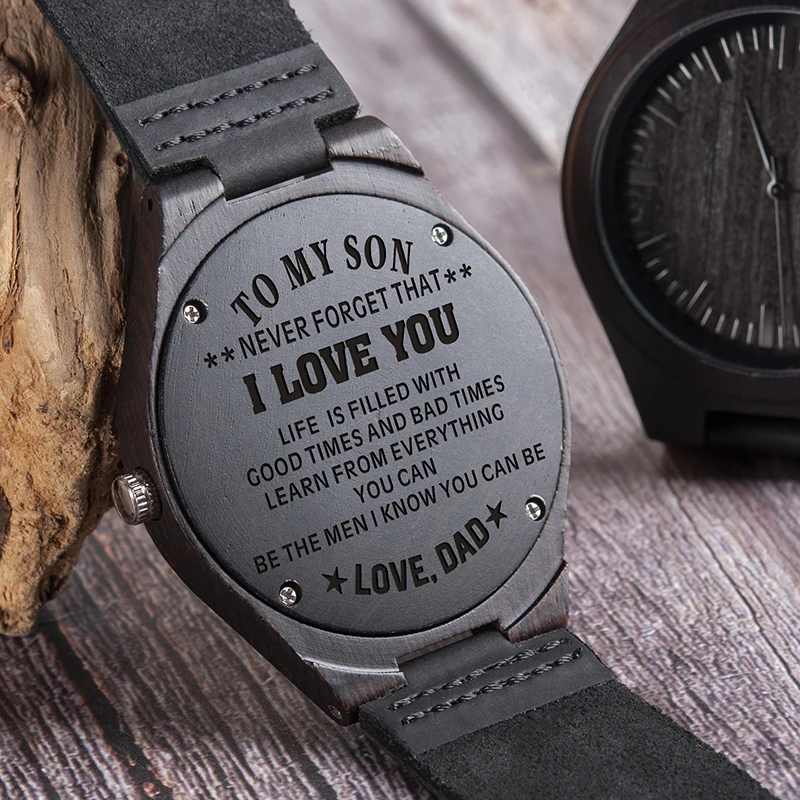 Men Watches Creative Design Logo Engrave on Wood Watch Groomsman Idea Gifts Leather Strap Casual Clock Relogio Masculino D26