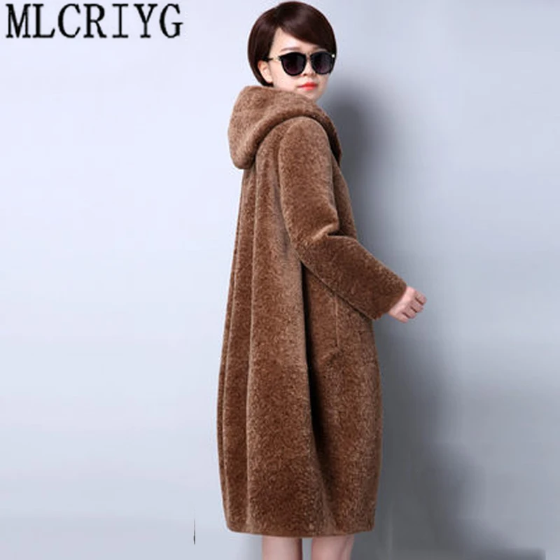 

MLCRIYG Real Fur Coat Sheep Shearing 100% Wool Coat Women Plus Size 2019 Winter Cloak Female Jacket Hooded Abrigos Mujer LX332
