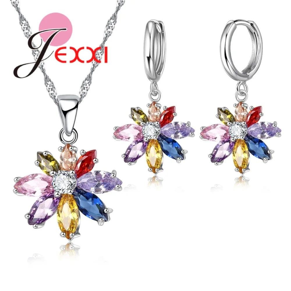 

Fashion Luxury Jewelry Set Multicolor Flower Necklace Earrings for Women Wholesale 925 Sterling Silver Crystal Bijoux