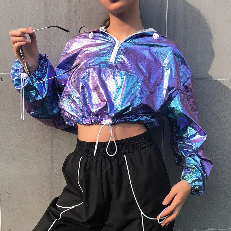  Bling Laser Holographic Hooded Jacket Casual Hoodies Tops Fashion Women Long Sleeve Elastic Drawstr