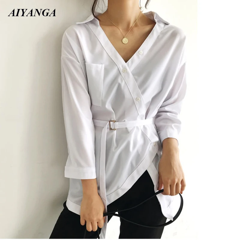 Black White Women OL Shirts With Sashes long Sleeve Blouses 2022 Spring Medium Long Shirt V Neck Fashion Slim Blouses Female