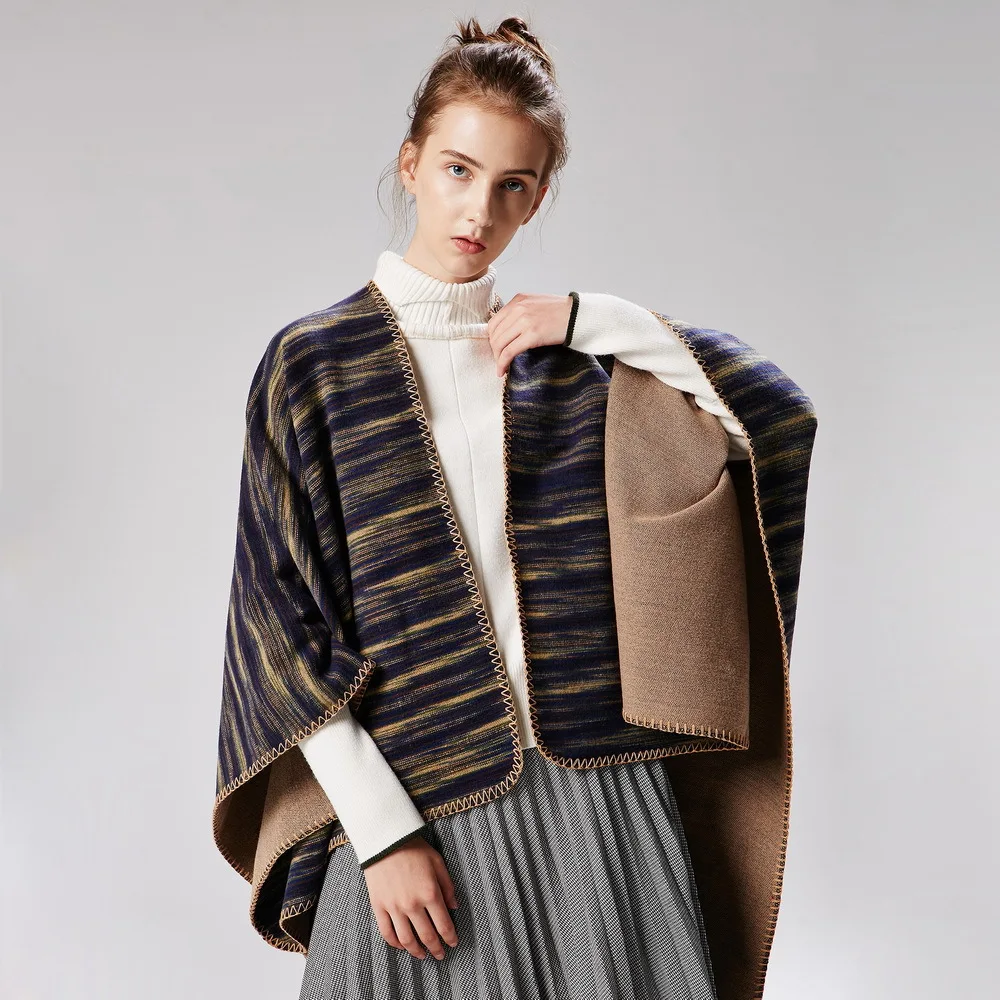 

Women Winter Ponchos and Capes Both Sides Available Blanket Knit Cashmere Striped Pashmina Scarves Ladies Thick Warm Scarf Shawl