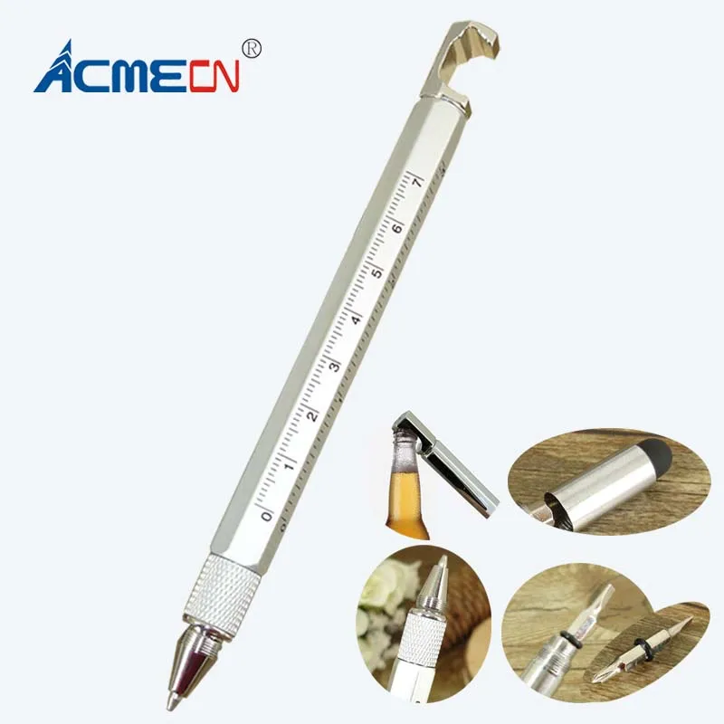

ACMECN Tool Pen Cute design Aluminium Hexagon Ruler Pen with Screw Driver and Touch Stylus 6 in 1 Bottle Opener Silver Brand Pen
