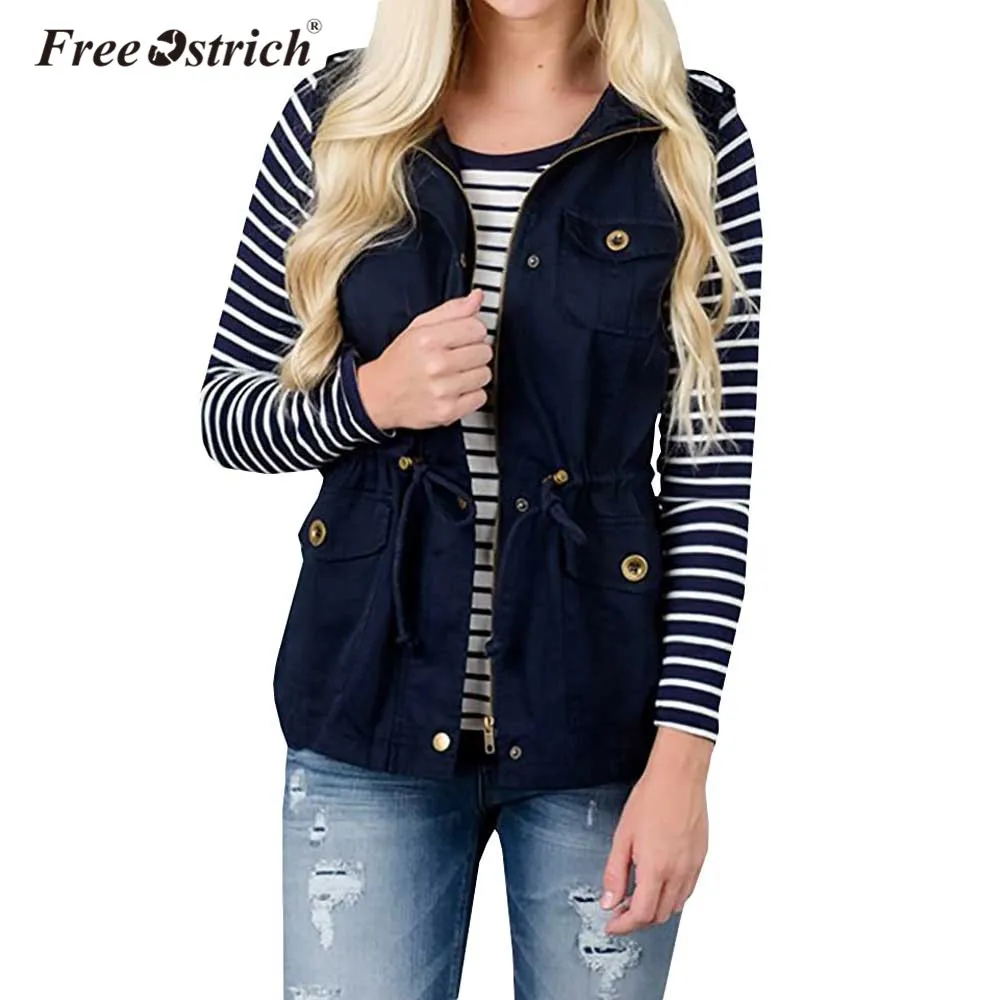 Free Ostrich Vest Women Casual Cardigan Solid Zipper Button Sleeveless Turn-down Collar Breasted Woman Coat L0140