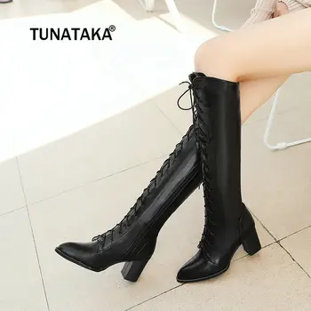 

Women Thick High Heel Knee High Boots Fashion Side Zipper Lace Up Pointed Toe Winter Women Shoes Beige Black Brown
