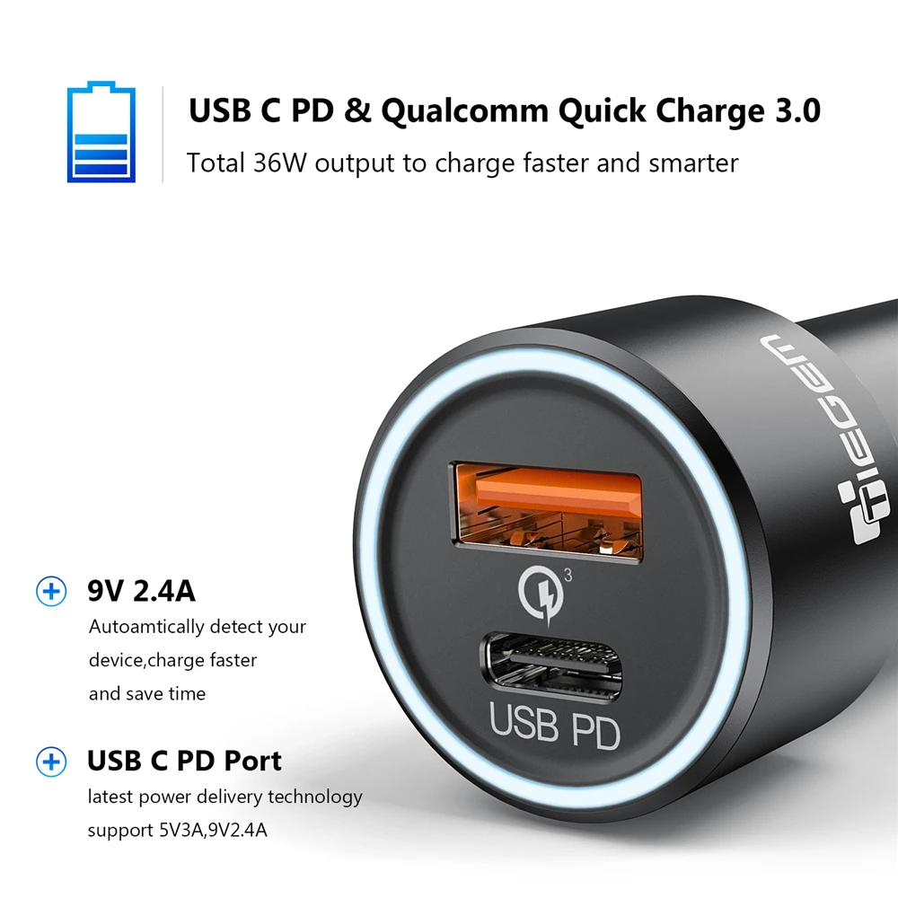 TIEGEM QC3.0 المزدوج USB سيارة شاحن آيفون USB نوع C PD سريعة تهمة 3.0 سيارة شاحن سامسونج S9 Xiaomi سوني LG محول