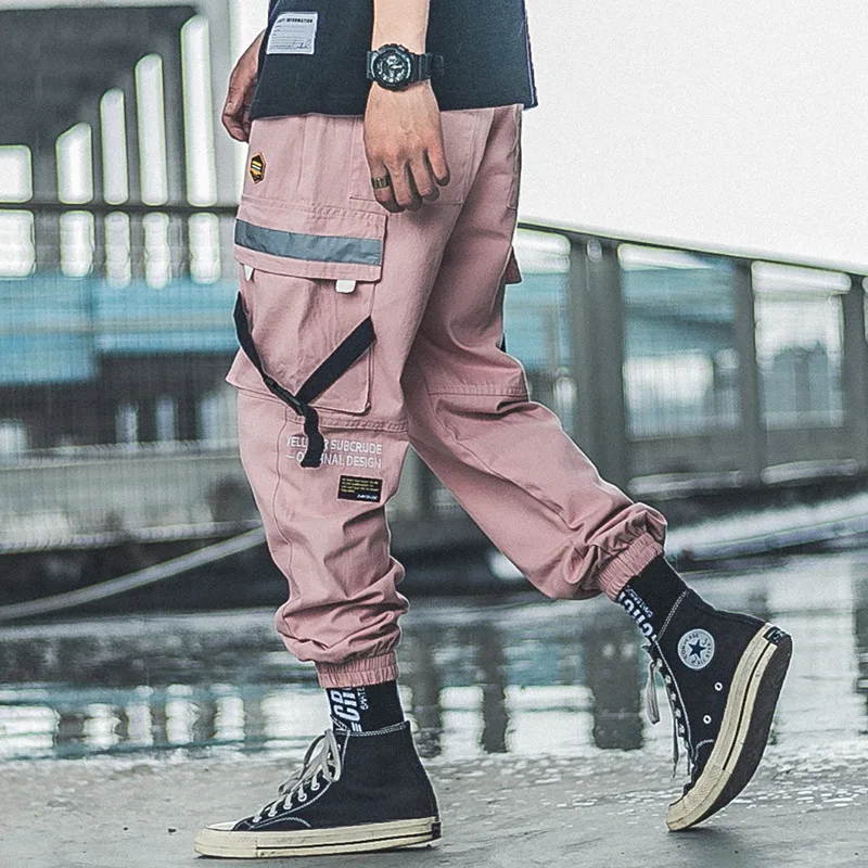 Мужские уличные штаны для бега в стиле хип-хоп с лентами, розовые штаны для бега, мужские повседневные брюки-карго, спортивные штаны WB73