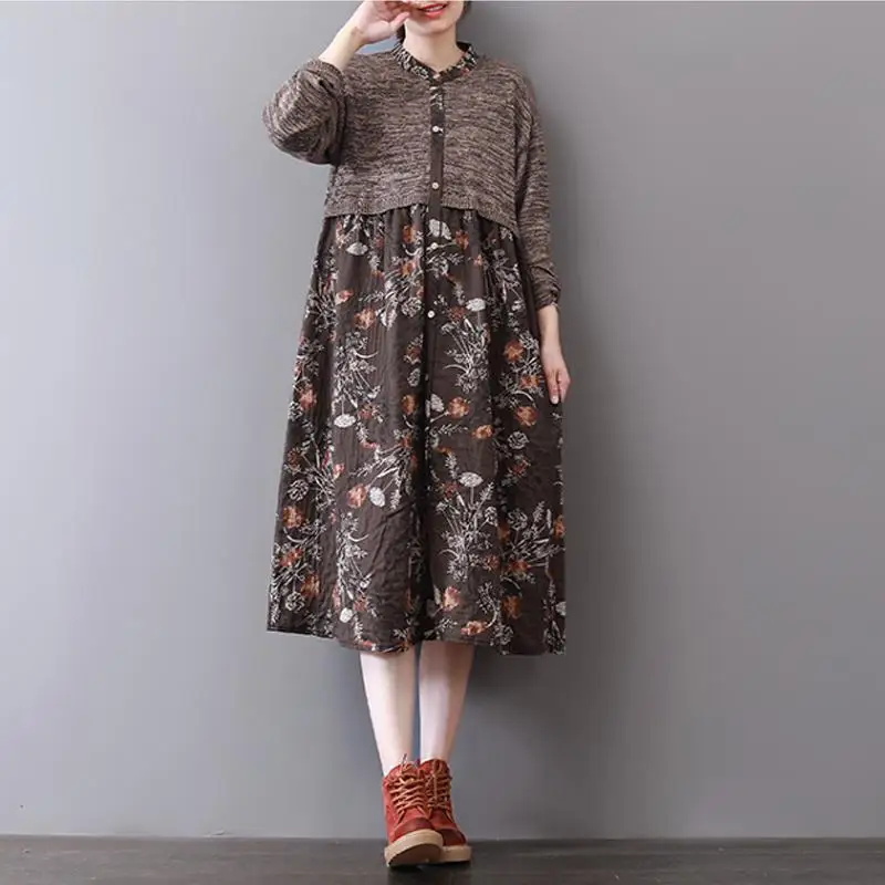 BUYKUD Vintage PrintedDress 2018 Autumn New Stand Collar long Dress Literature Button Retro High Waist Patchwork Loose Dresses | Женская