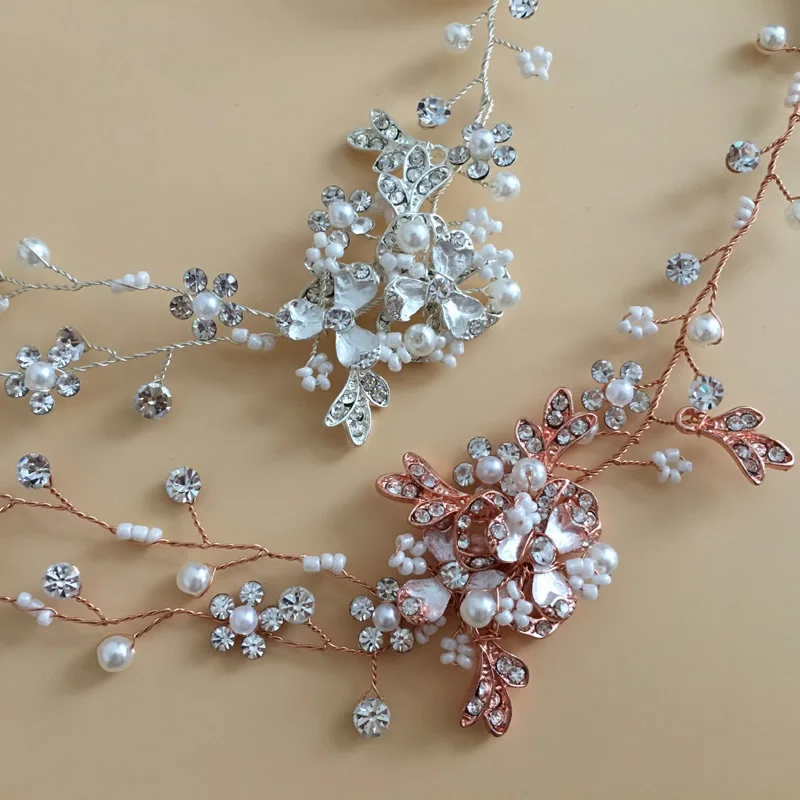 SLBRIDAL, проводное, розовое золото, стразы, Кристалл, жемчуг, цветок, свадебная повязка на голову, свадебные волосы, лоза, аксессуары для волос, подружки невесты, для женщин