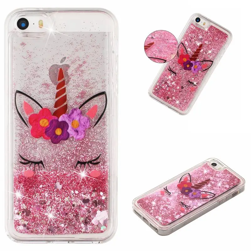 

Case For iPhone 5 5s SE Protective Shell Glitter Shine Quicksand Flowing Liquid Unicorn Pattern Shockproof Back Cover Soft TPU