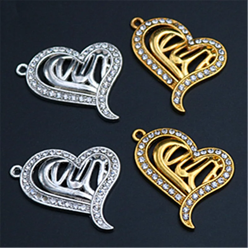 4pcs Handmade Rhinestone Islamic Allah Heart Charm Necklace Bracelet