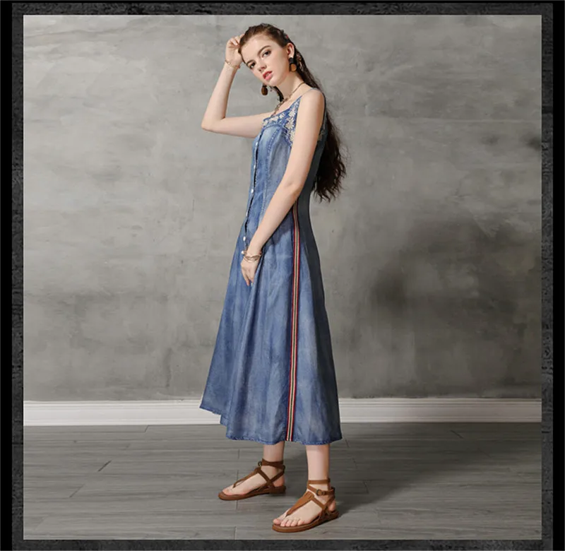 Летнее платье с вышивкой винтажное женское джинсовое платье с квадратным воротником без рукавов однобортное женское платье Vestidos KE82172