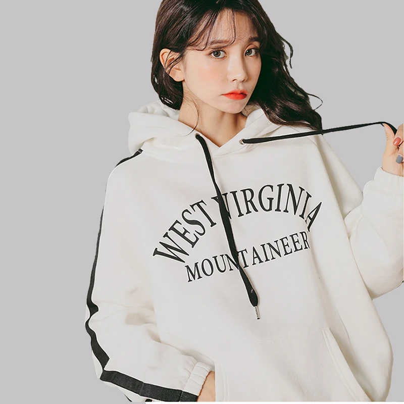 

HOT Tracksuits Women Hoodies Sweatshirts 2018 Pullover Thick Thin Loose Female Student Stripe Harajuku Splice Retro BF White