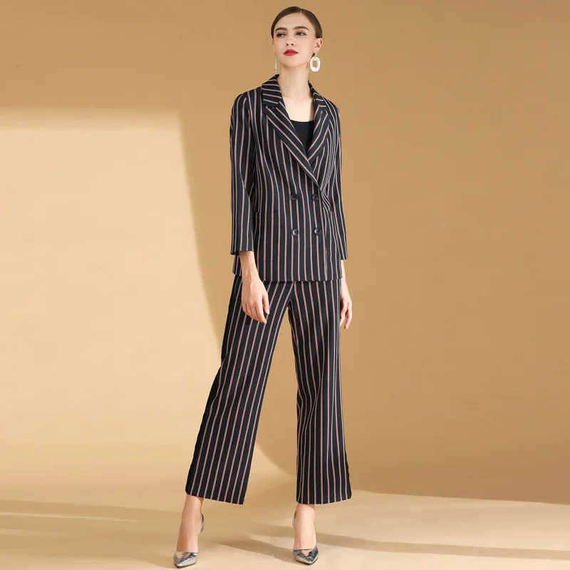 Double Breasted Women Pant Suits Turn Down Collar Blazer & High Waist