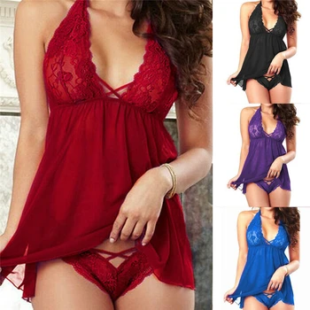 Backless Sexy Lingerie Lace Halter Sexy Underwear S-2XL V-neck Lingerie Sexy Hot Erotic Babydoll Women Plus Size Costumes XXL XL Babydolls & Chemises color: Black|Blue|PURPLE|Red 