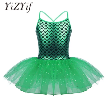 

YiZYiF Girls Ballet Dress Glitter Mermaid Costume Scales Pattern Printed Gymnastics Leotard tutu Dress Ballet Dance Clothings