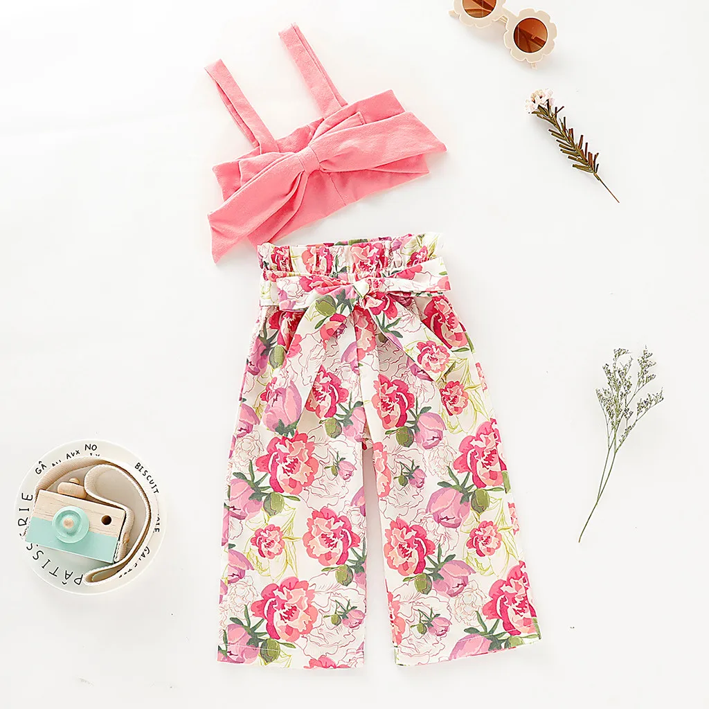 

Toddler Baby Girls Sets Sleeveless Solid Bow Vest Tops+Flower Print Pants 2Piece Kids Clothes Child Outfits 6 Months to 4 Years