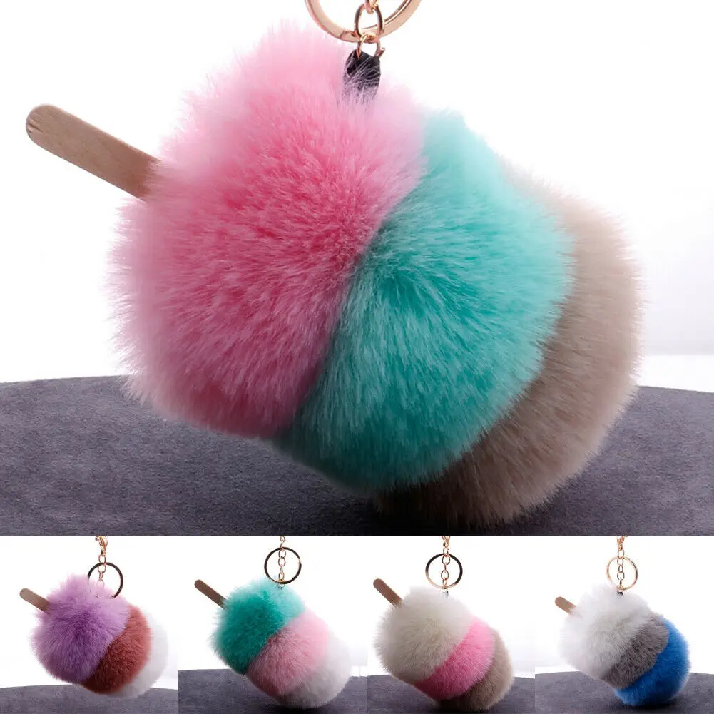 

Elegant Very Soft Fluffy faux fur Ball Key Chain PomPom Handbag Car Key Ring Simulation Ice Cream Hair Ball Hanging Decorations