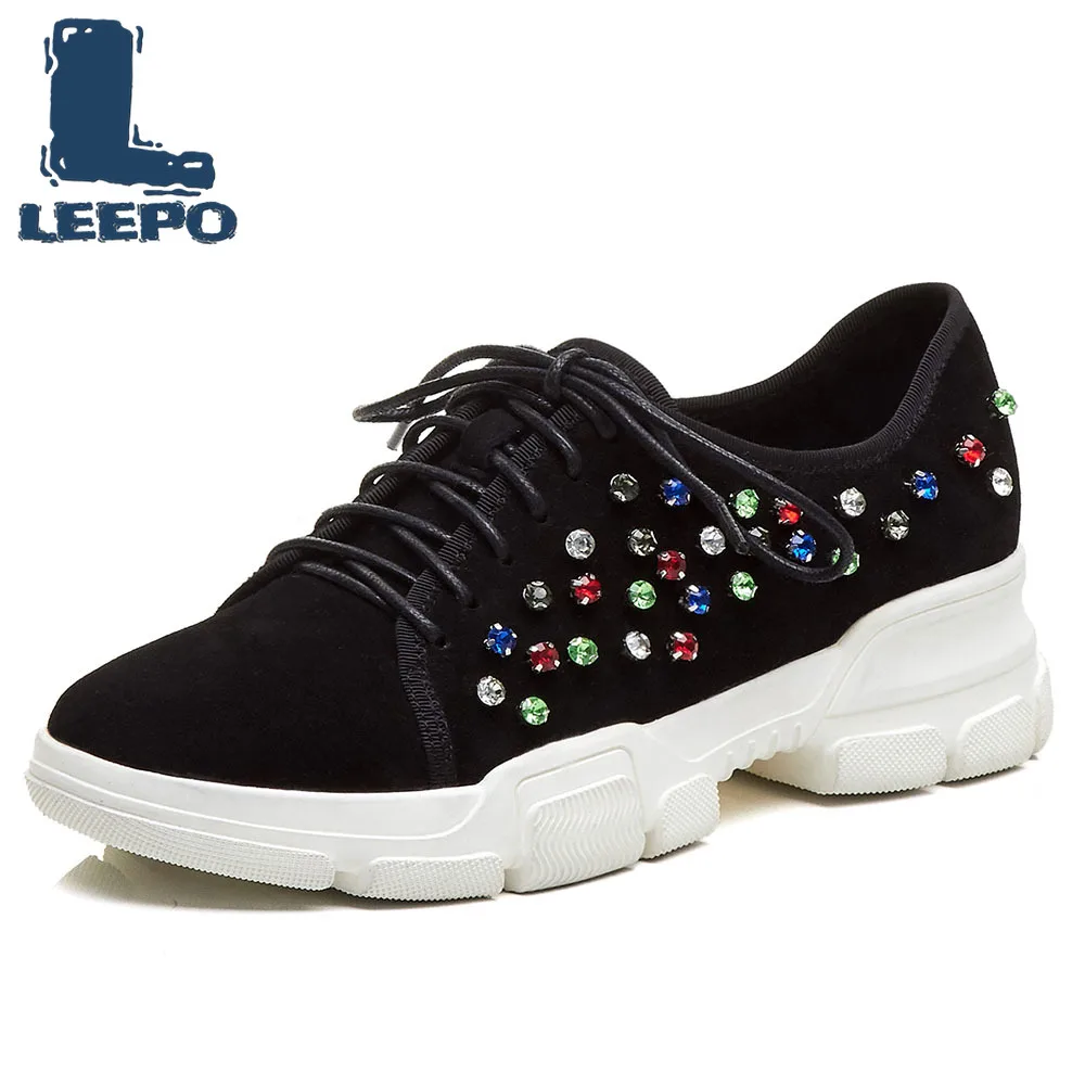 

LEEPO Casual Sneakers Shoes Women Cow Leather on The Platform Spring Diamond Vulcanized Shoes Woman Casual Thick-soled Snickers