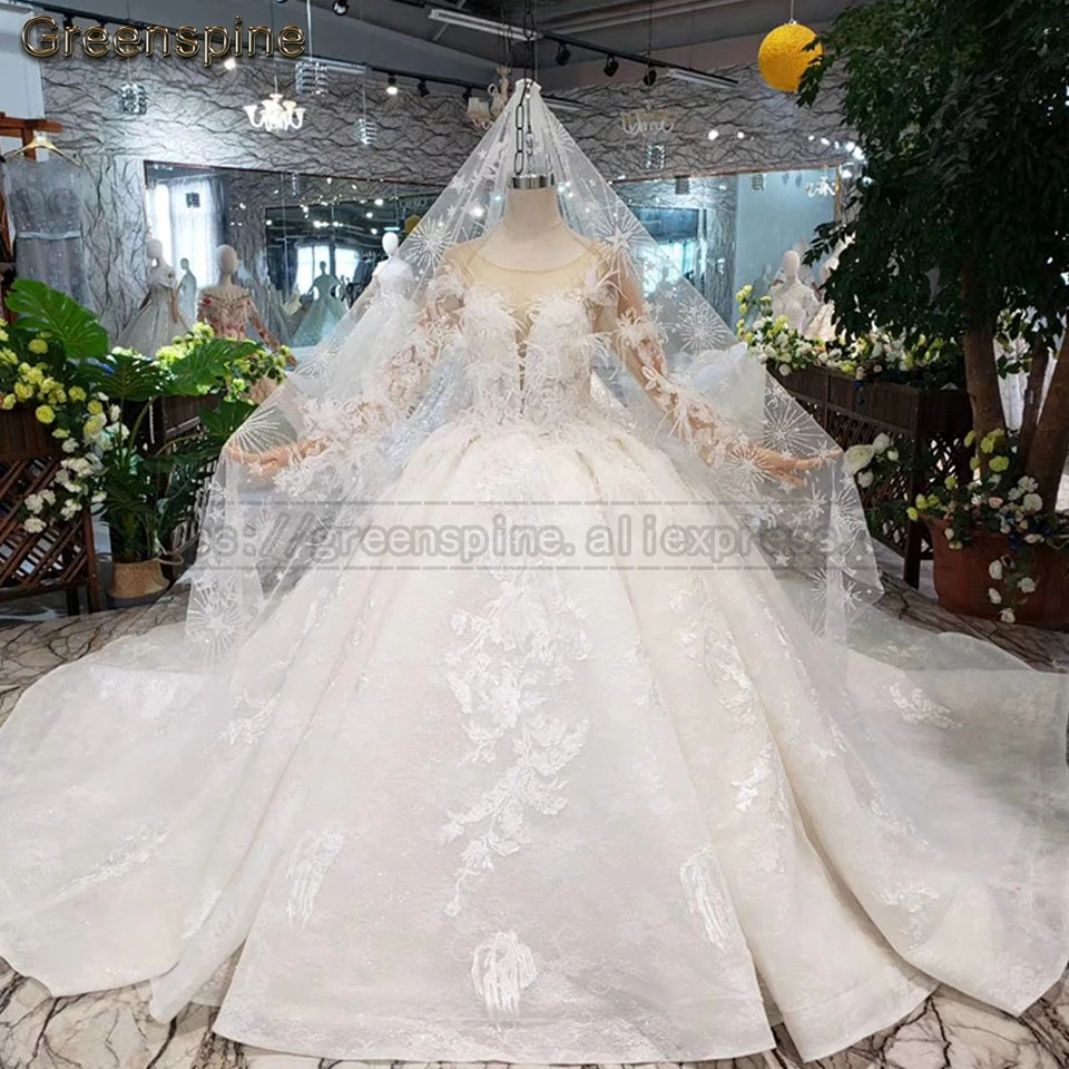 Greenspine класса люкс перо с длинным рукавом свадебное платье Vestido De Noiva сексуальные свадебные платья с длинным шлейфом, подвенечные, свадебные платья