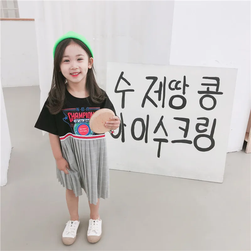 

2019 Summer New Arrival korean style cotton letters printed all-match loose sports pleated dress for cute fashion baby girl