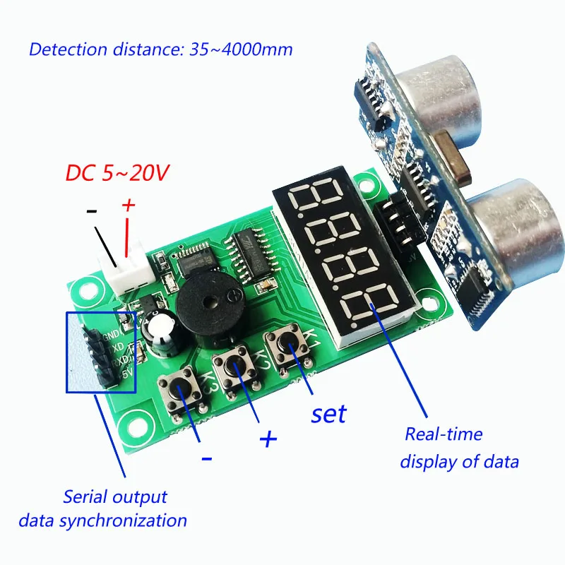

Ultrasonic Ranging / Digital Display Module / Serial Communication / UART Output / Detection Distance Alarm